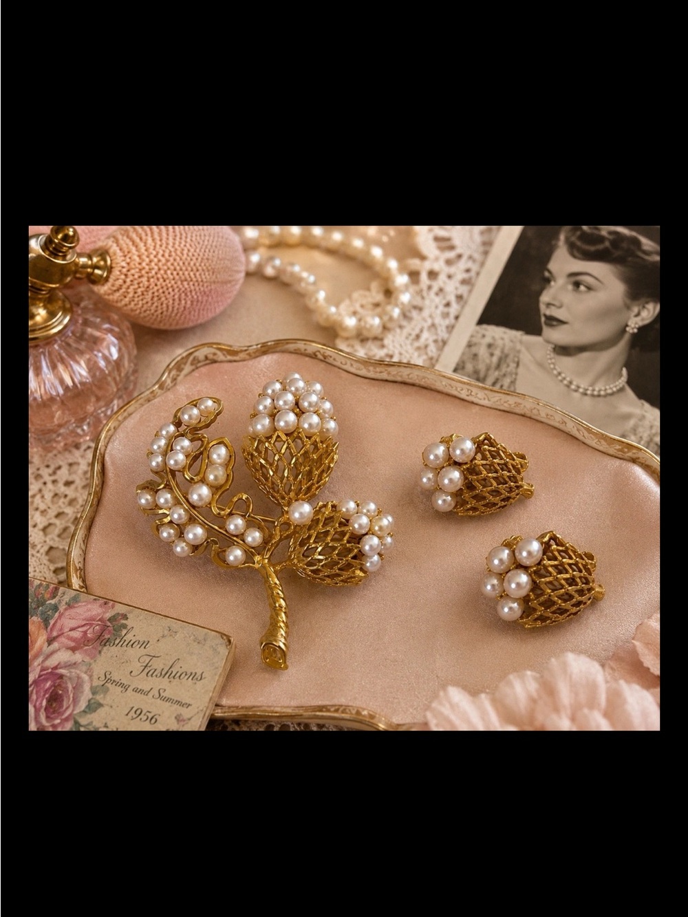 Lisner Gold-Tone Pearl Floral Brooch with Matching Clip Earrings Signed
